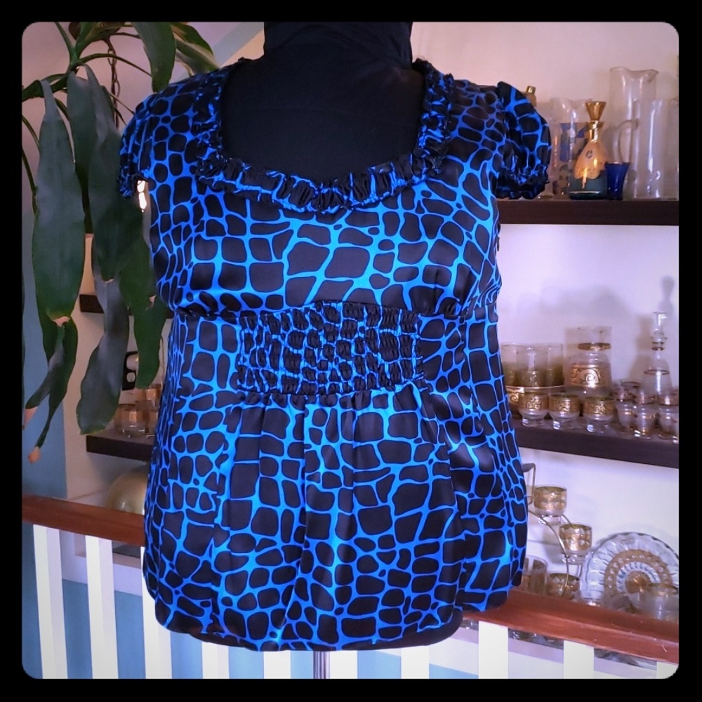 INC Silk Black And Blue Giraffe Print Empire Waisted blouse
